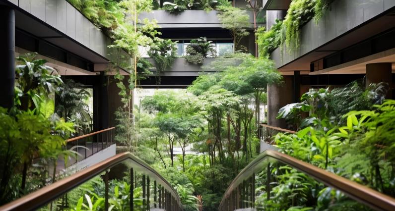 Building avec plantes vertes à l'intérieur
